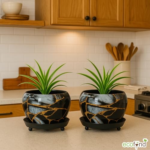 ecofynd 5 inches, Lily Black Metal Plant Pot with Saucer Plate | Indoor Outdoor Home Decor Item for Garden Plants Flower, Balcony, Patio, Living Room, Garden, Bedroom (Pack of 2, Black, POT029) - Image 4