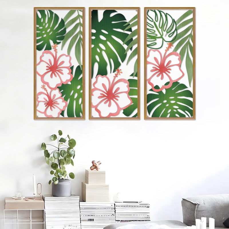 Resama Palm Leaves Metal Wall Decor 3 Pcs Tropical Wall Art Minimalist Hibiscus Flowers Decor Vintage Tropical Plant Wall Sculpture for Living Room Bedroom Bathroom Office (Classic Style,Colorful) - Image 2