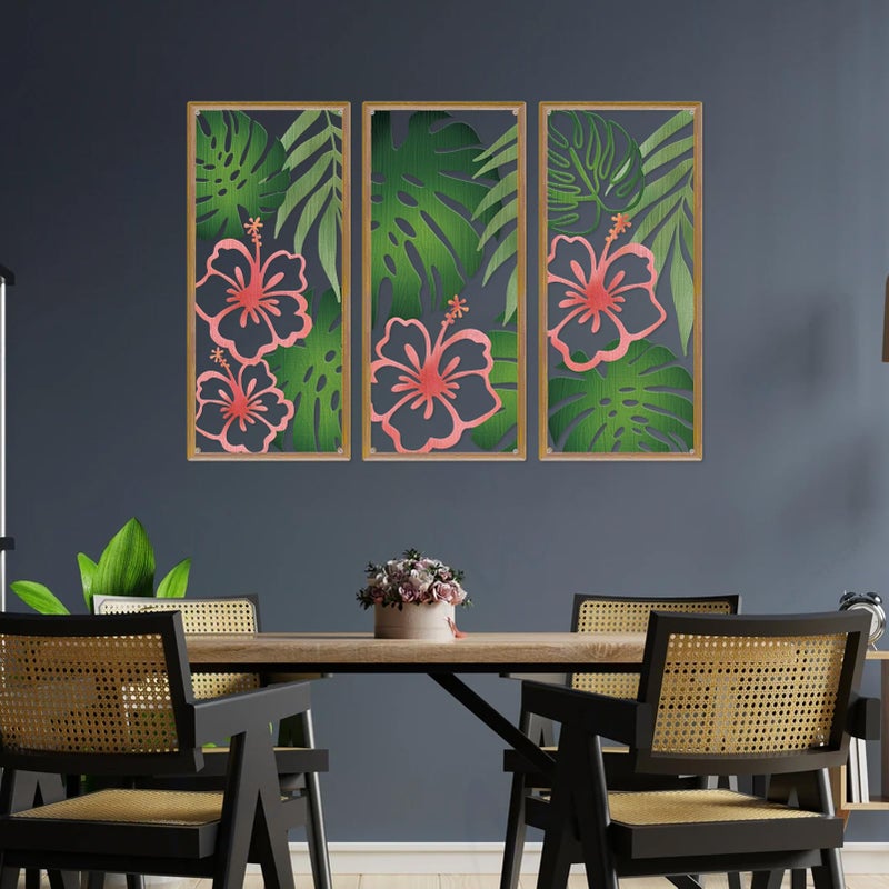 Resama Palm Leaves Metal Wall Decor 3 Pcs Tropical Wall Art Minimalist Hibiscus Flowers Decor Vintage Tropical Plant Wall Sculpture for Living Room Bedroom Bathroom Office (Classic Style,Colorful) - Image 4