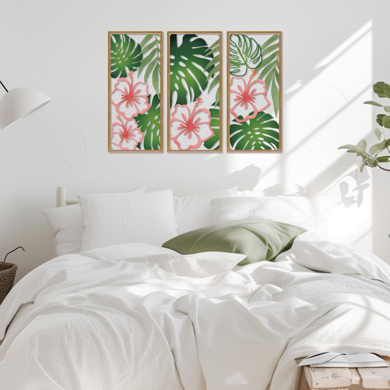 Resama Palm Leaves Metal Wall Decor 3 Pcs Tropical Wall Art Minimalist Hibiscus Flowers Decor Vintage Tropical Plant Wall Sculpture for Living Room Bedroom Bathroom Office (Classic Style,Colorful) - Image 3