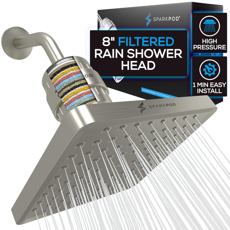 SparkPod Luxury Filtered Shower Head Set 23 Stage Shower Filter Reduces Chlorine and Heavy Metals High Pressure Showerhead Filter 8 Square Elegant Brushed Nickel - Image 2