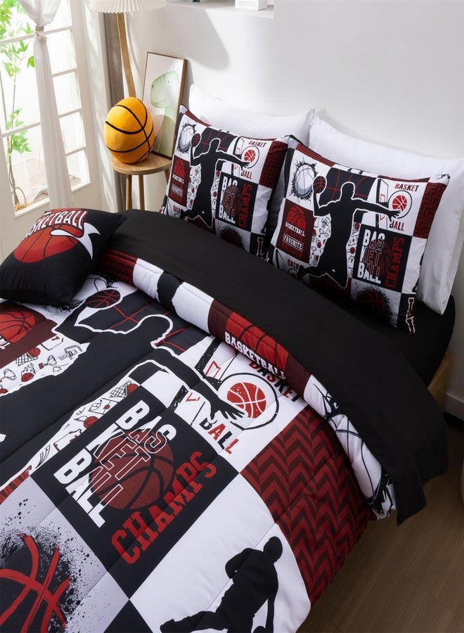Aimuan Sports Geometric Grid Black Patchwork Basketball Printed for Boys Twin 6Pcs Bed in A Bag Black and Red Comforter Bedding Set Twin Size, Black-Red - Image 5
