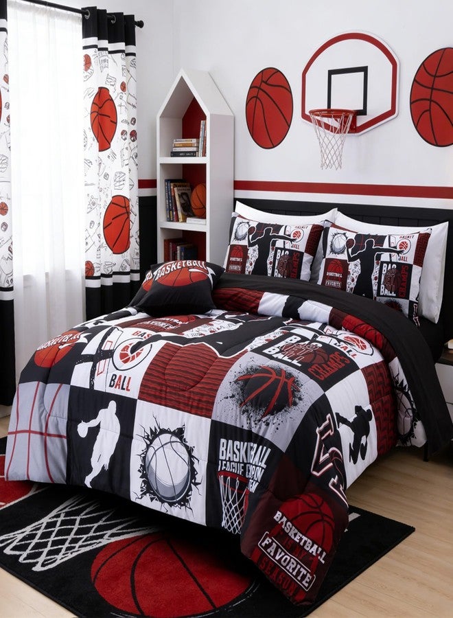Aimuan Sports Geometric Grid Black Patchwork Basketball Printed for Boys Twin 6Pcs Bed in A Bag Black and Red Comforter Bedding Set Twin Size, Black-Red - Image 2