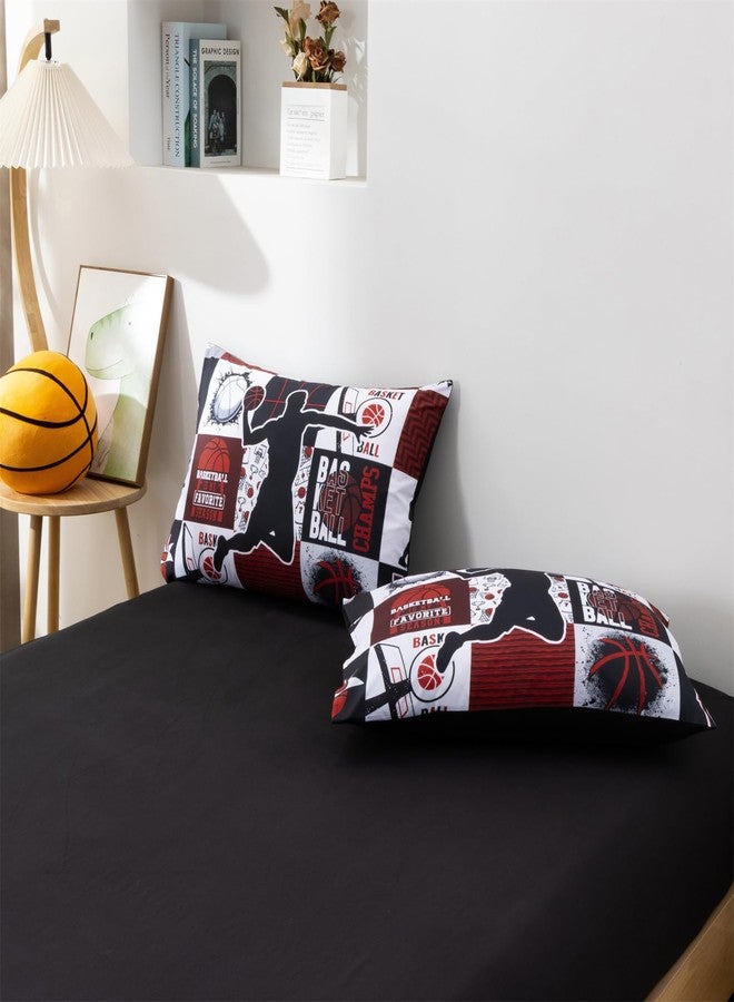 Aimuan Sports Geometric Grid Black Patchwork Basketball Printed for Boys Twin 6Pcs Bed in A Bag Black and Red Comforter Bedding Set Twin Size, Black-Red - Image 4