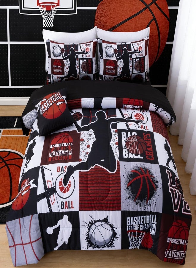 Aimuan Sports Geometric Grid Black Patchwork Basketball Printed for Boys Twin 6Pcs Bed in A Bag Black and Red Comforter Bedding Set Twin Size, Black-Red - Image 1