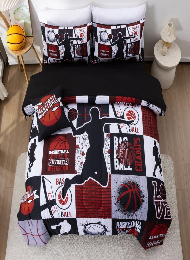 Aimuan Sports Geometric Grid Black Patchwork Basketball Printed for Boys Twin 6Pcs Bed in A Bag Black and Red Comforter Bedding Set Twin Size, Black-Red - Image 3