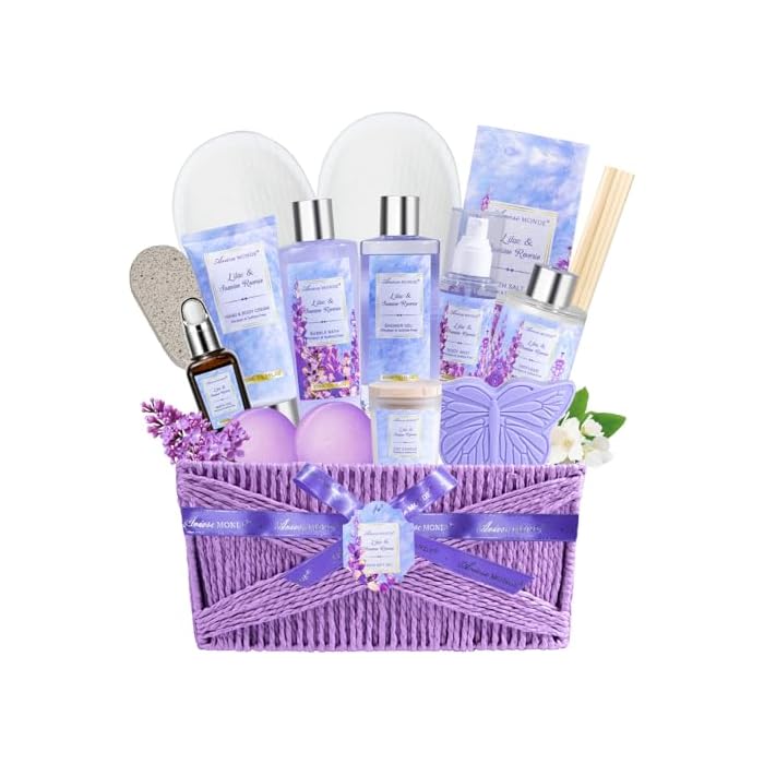 Gift baskets for women, 15Pcs Lilac Women Bath Gift Baskets w/Body Mist, Diffuser, Bath Bomb. Unique Relaxing Spa Gift Basket Set, Mothers Day Gifts for Mom Wife Grandma Daughter Friends Sister