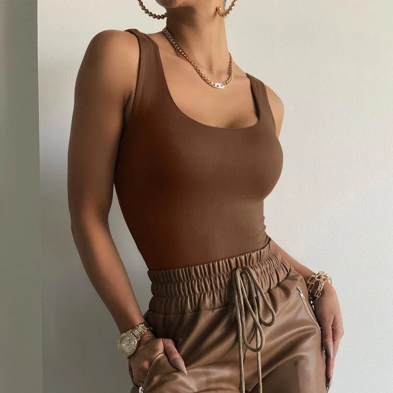 2023 Womens Chic One-Shoulder Bodysuit Brown