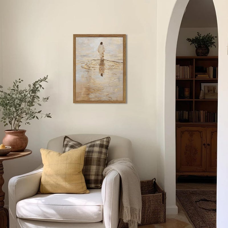 HWETUI Framed 3D Textured Christian Wall Art,Jesus Walking on Water Painting,Hand-Drawn Sandstone Picture,I Will Walk with Christ Religious Home Decor for Living Room Bedroom Church Prayer Room12x16in - Image 4