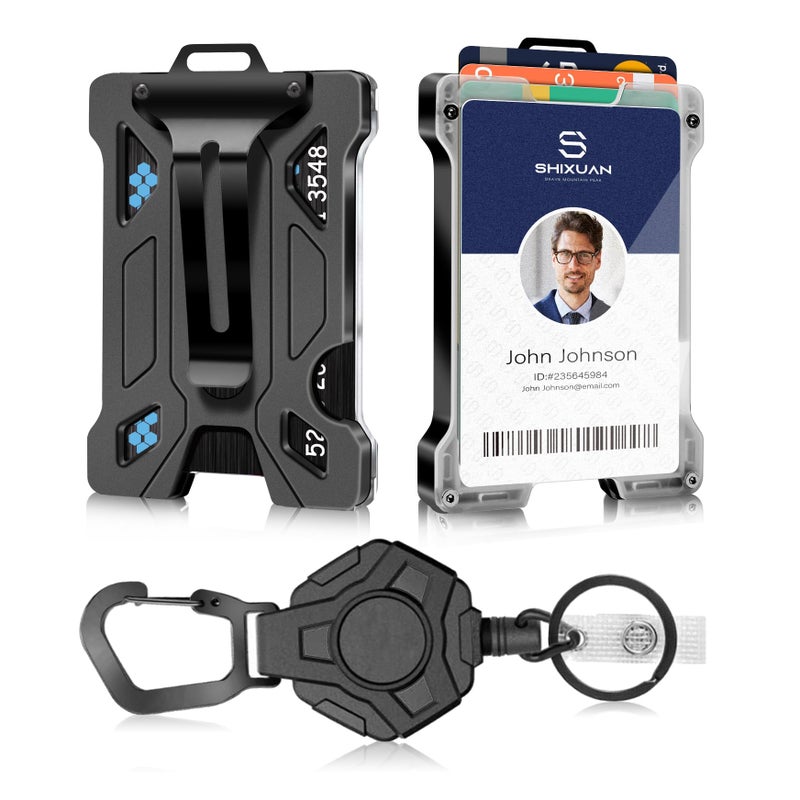 حامل/محفظة للبطاقات - حامل بطاقات هوية/ائتمان متين من البولي كربونات مع مشبك معدني قابل للسحب، سلسلة مفاتيح بكرة شارة متينة (مشبك قابل للسحب وحامل بطاقة) - Image 1