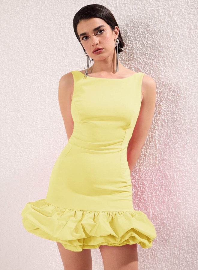 trendyol Light Yellow Balloon Skirt Detailed Inside Shorts Lined Woven Short Dress - Image 3