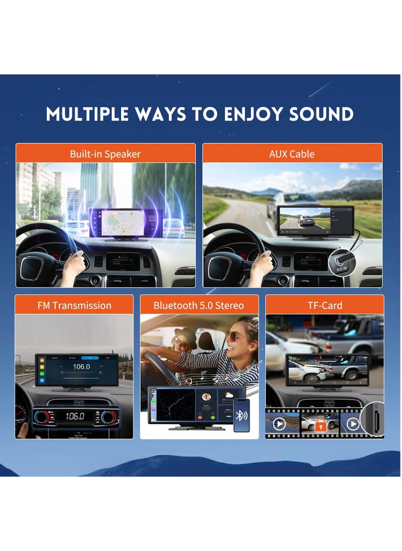 10.26 inch HD Wireless Car Stereo for CarPlay Android Auto, Portable Touch Screen for Car, 4K Dash Cam, 1080P Backup Camera, Bluetooth, AUX/FM, Google, Siri, Mirror Link, GPS Navigation