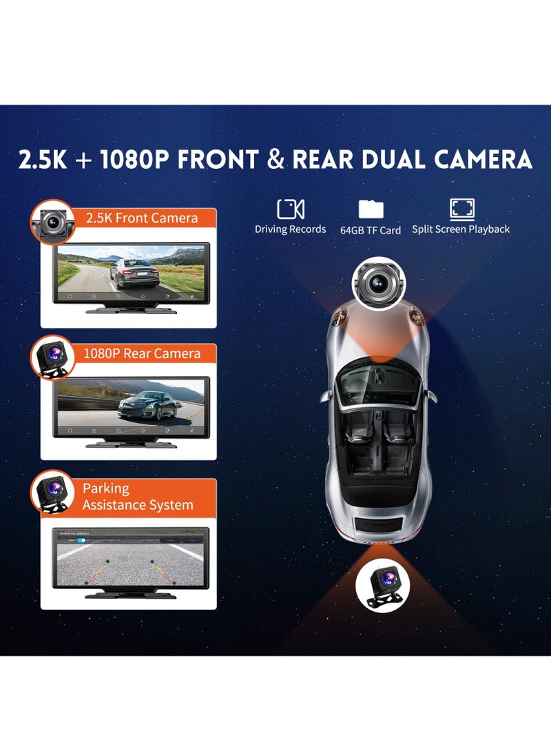 10.26 inch HD Wireless Car Stereo for CarPlay Android Auto, Portable Touch Screen for Car, 4K Dash Cam, 1080P Backup Camera, Bluetooth, AUX/FM, Google, Siri, Mirror Link, GPS Navigation