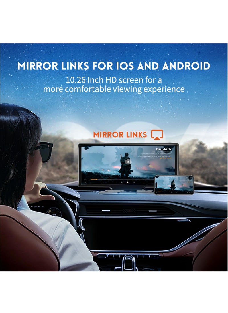 10.26 inch HD Wireless Car Stereo for CarPlay Android Auto, Portable Touch Screen for Car, 4K Dash Cam, 1080P Backup Camera, Bluetooth, AUX/FM, Google, Siri, Mirror Link, GPS Navigation