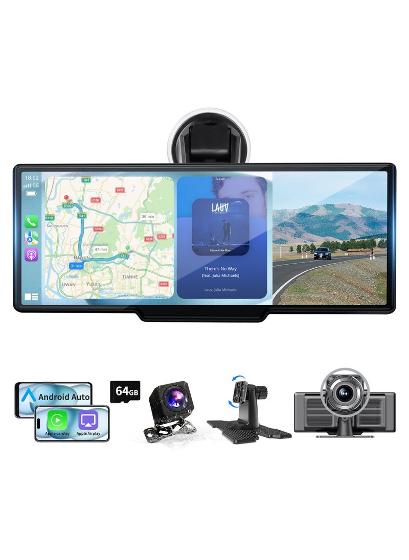 10.26 inch HD Wireless Car Stereo for CarPlay Android Auto, Portable Touch Screen for Car, 4K Dash Cam, 1080P Backup Camera, Bluetooth, AUX/FM, Google, Siri, Mirror Link, GPS Navigation