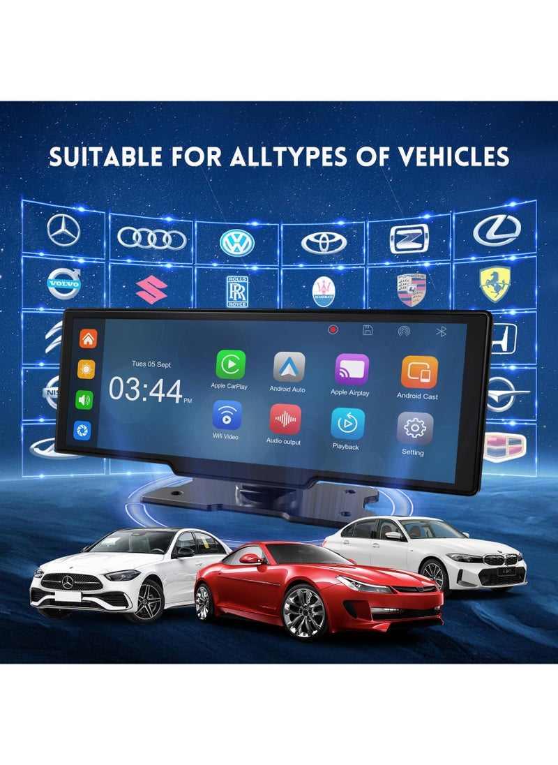 10.26 inch HD Wireless Car Stereo for CarPlay Android Auto, Portable Touch Screen for Car, 4K Dash Cam, 1080P Backup Camera, Bluetooth, AUX/FM, Google, Siri, Mirror Link, GPS Navigation