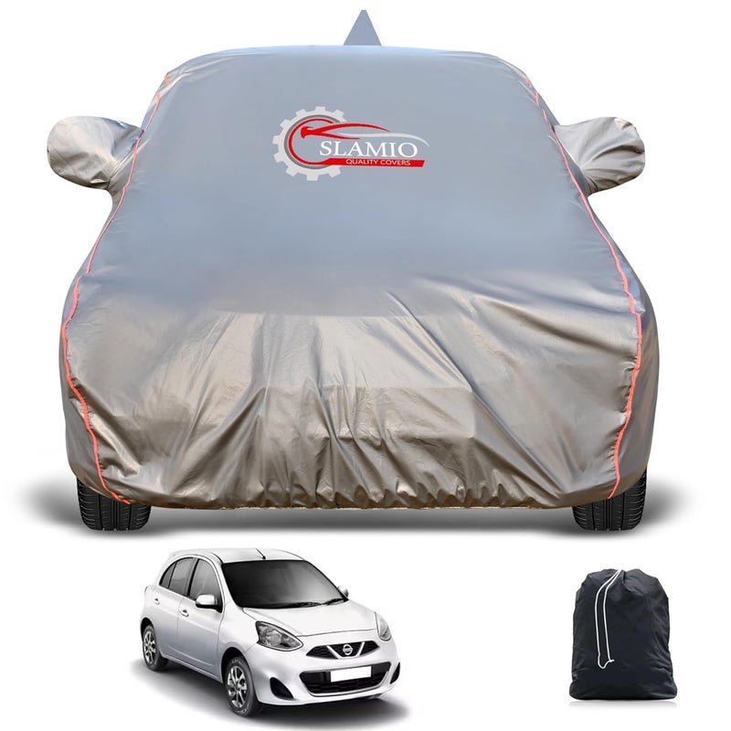 Slamio Heavy-Duty Car Body Cover for Nissan Micra | Waterproof, Dustproof, UV Protection, Custom Fit, Heavy Belt & Buckle with Mirror & Antenna Pocket | Dark Grey - Image 1