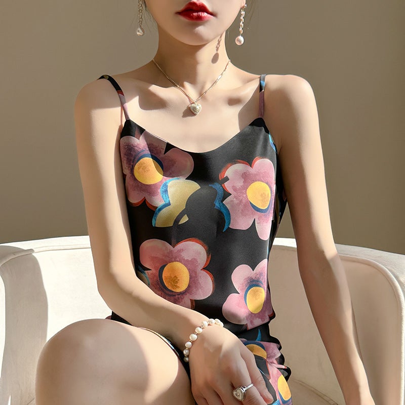 Striped Slip Dress Seaside Vacation Petit Chiffon Mid-Length Acetate Satin Silk Suit Base Dress - Image 4
