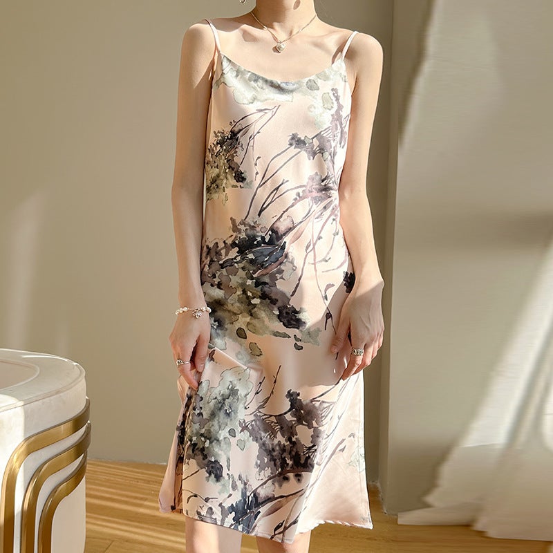 Striped Slip Dress Seaside Vacation Petit Chiffon Mid-Length Acetate Satin Silk Suit Base Dress - Image 2