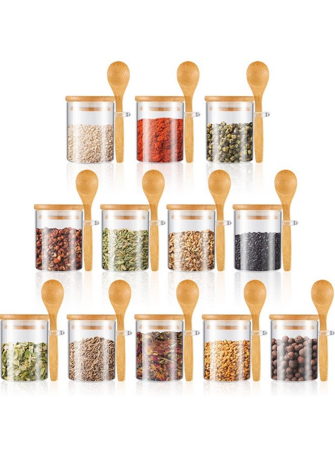 Tessco Set of 12 Spice Jars Airtight Glass Jars with Bamboo Lids and Wood Spoons 6 oz Clear Glass Canisters Spice Containers Sugar Container for Kitchen Food Storage Organization Beans Tea Nuts - Image 1