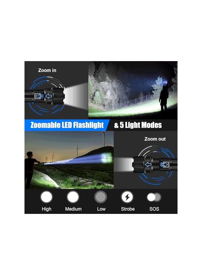 promass Flashlight Led USB Rechargeable, 10000 lumens Torch Light XHP70.2, Super Bright Tactical Flashlights, IP67 Waterproof Zoomable, USB Handheld Powerful Torches for Outdoor Camping Emergency - Image 3