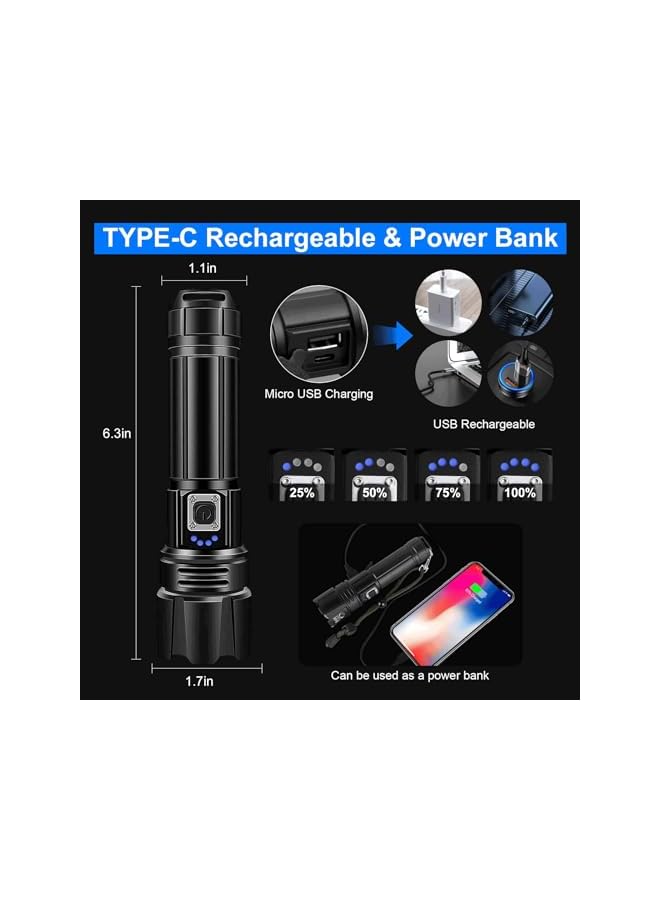 promass Flashlight Led USB Rechargeable, 10000 lumens Torch Light XHP70.2, Super Bright Tactical Flashlights, IP67 Waterproof Zoomable, USB Handheld Powerful Torches for Outdoor Camping Emergency - Image 5
