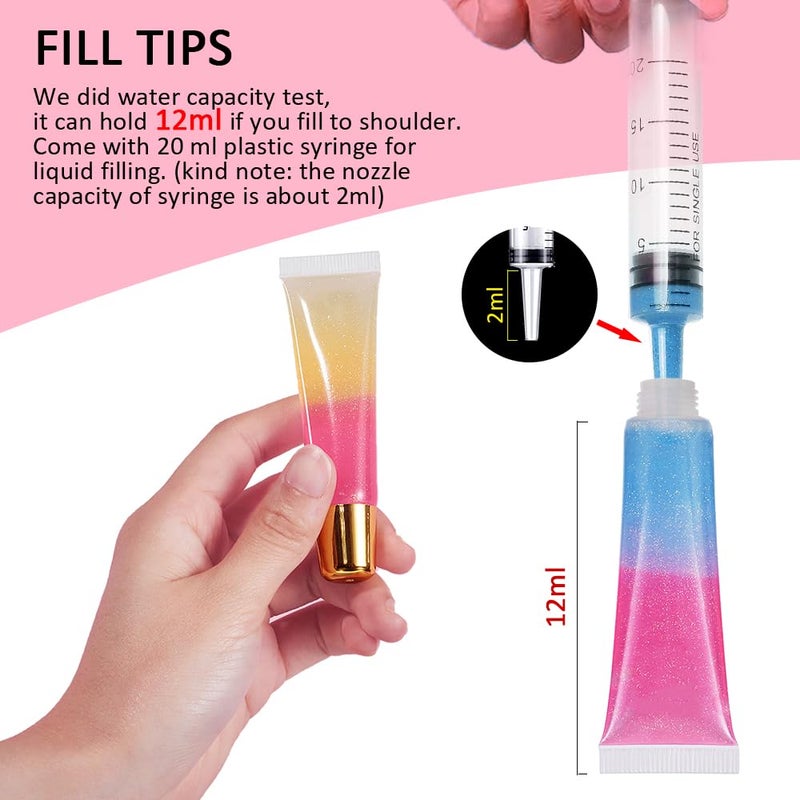 AMORIX AMORIX 50PCS Lip Gloss Tubes Empty 10ml Pink Cap Lip Gloss Containers Lip Balm Tubes Cute Squeeze Tubes Lipgloss Making Supplies + 2 x 20ml Syringes Tag Labels for Lip Gloss Base  - Image 3