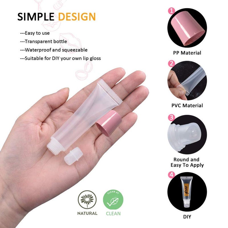 AMORIX AMORIX 50PCS Lip Gloss Tubes Empty 10ml Pink Cap Lip Gloss Containers Lip Balm Tubes Cute Squeeze Tubes Lipgloss Making Supplies + 2 x 20ml Syringes Tag Labels for Lip Gloss Base  - Image 4