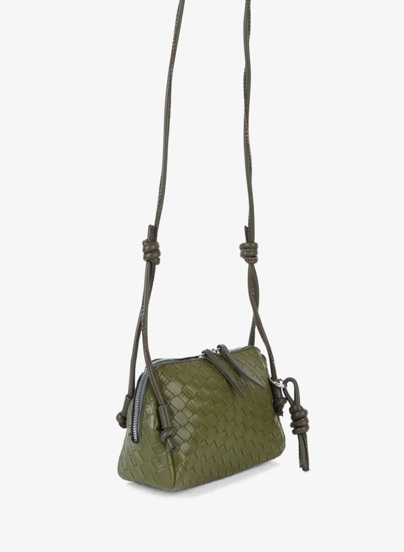 Women's Nazen Khaki Knit Design Faux Leather Small Size Zipper Closure Hand, Wrist and Shoulder Bag.