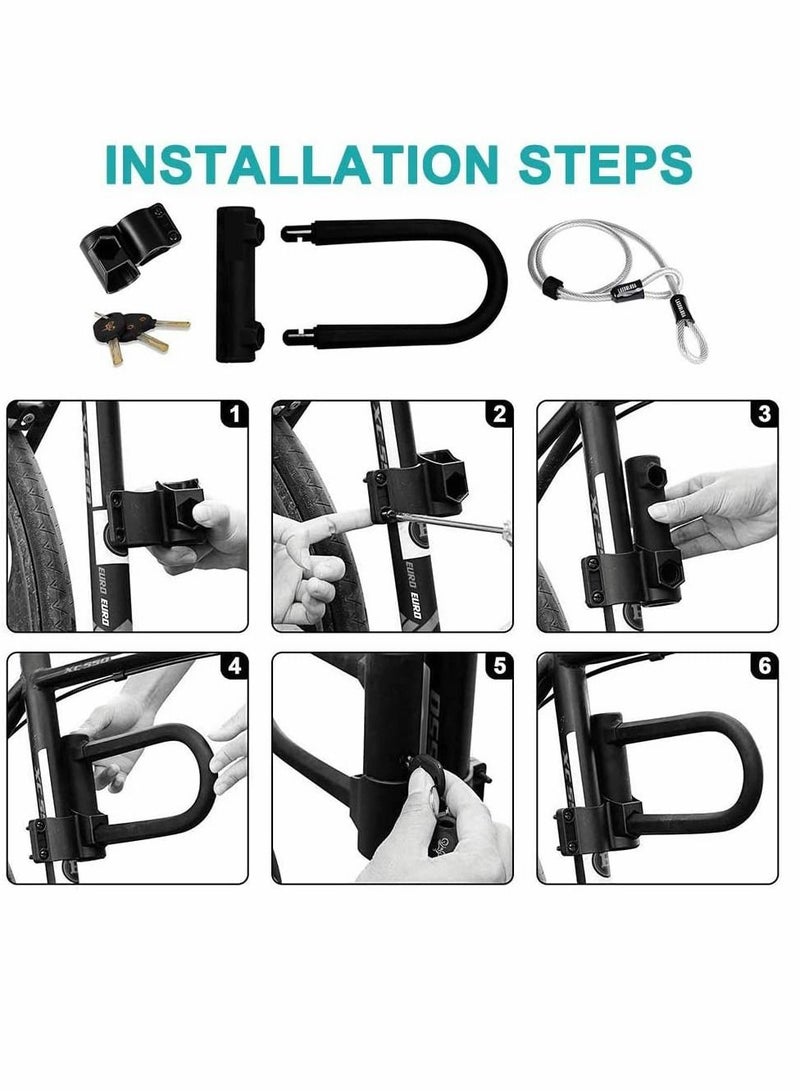 KASTWAVE قفل دراجة على شكل حرف U، قفل دراجة عالي الأمان ومتين مع كابل مرن من الفولاذ بطول 4 أقدام/1.2 متر وقوس تثبيت قوي للدراجات الهوائية على الطرق والدراجات الجبلية والدراجات الكهربائية والدراجات القابلة للطي والدراجات النارية - Image 4