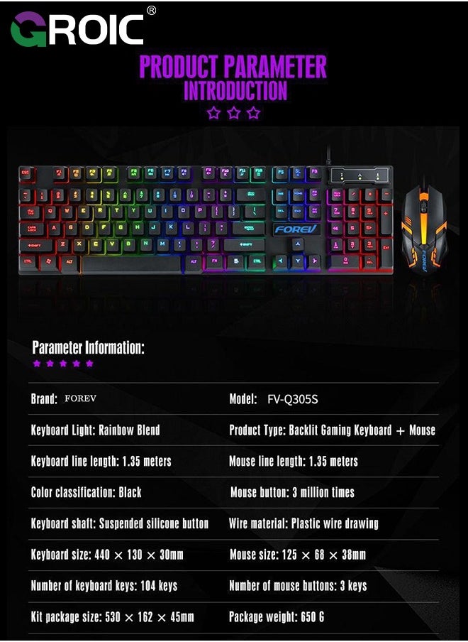 GROIC Gaming Keyboard and Mouse Set, Multiple Color Rainbow LED Backlit Multimedia PC Gaming Keyboard,Office Keyboard Colorful Breathing Backlit Gaming Mouse for Working or Primer Gaming,Office Device  - Image 3