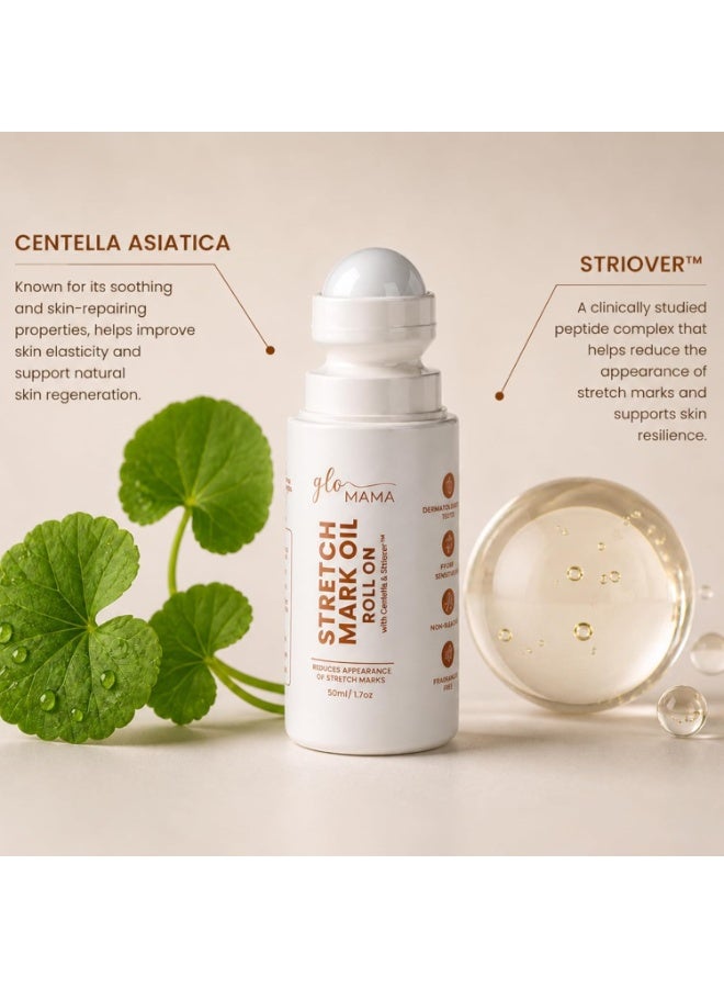 زيت GLOMAMA الدوار (رول أون) لعلاج علامات التمدد بخلاصة سرة الأرض (Centella Asiatica) ومركب Striover | آمن للاستخدام أثناء الحمل وخالٍ من الريتينول | للوقاية من علامات التمدد وتقليل مظهر الندبات، مناسب لجميع أنواع البشرة | 50 مل (عبوة من قطعتين) - Image 4