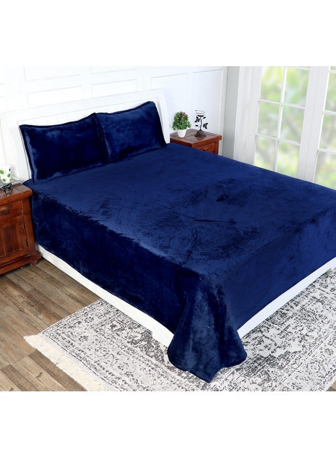 RD TREND أغطية سرير دافئة من فانيلا RD TREND 190 GSM لفصل الشتاء بحجم مزدوج (90 × 100 بوصة) مع 2 غطاء وسادة بحجم 210 TC (18 × 28 بوصة) باللون الأزرق الداكن، مخطط - Image 1