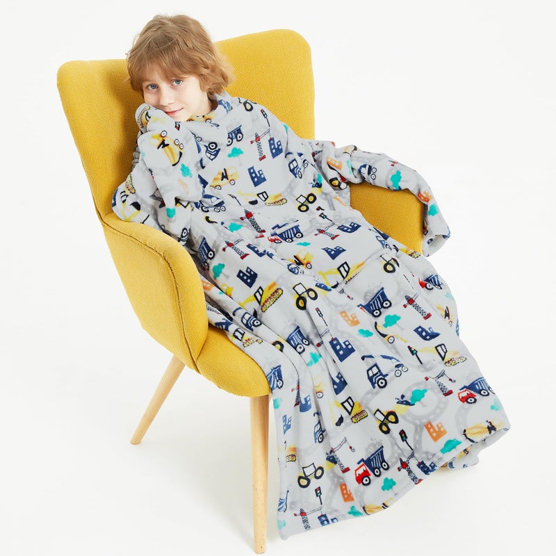 Softan Truck Kids Snuggies Wearable Fleece Blanket with Sleeves & Foot Pocket for Kids Boys Girls,Lightweight Soft Blanket with Hook & Loop 48" x 48" - Image 1