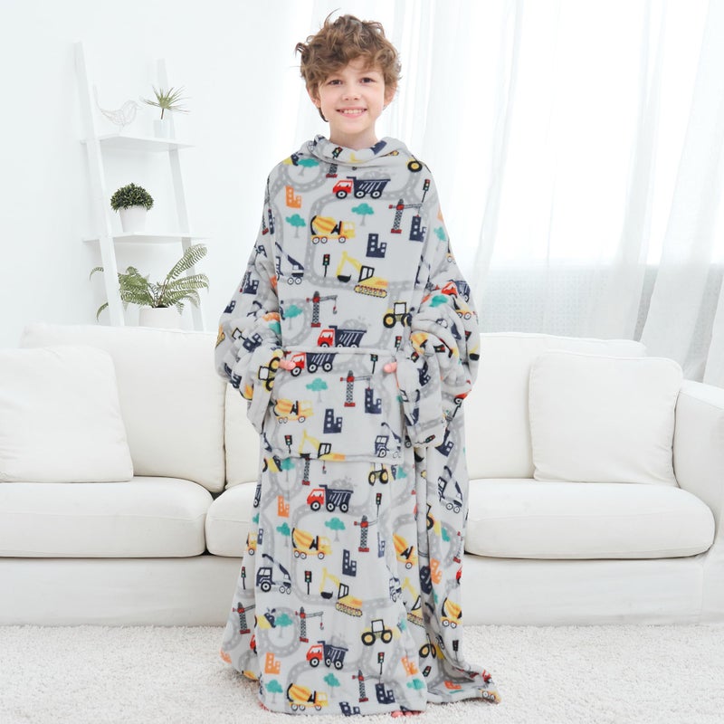 Softan Truck Kids Snuggies Wearable Fleece Blanket with Sleeves & Foot Pocket for Kids Boys Girls,Lightweight Soft Blanket with Hook & Loop 48" x 48" - Image 2