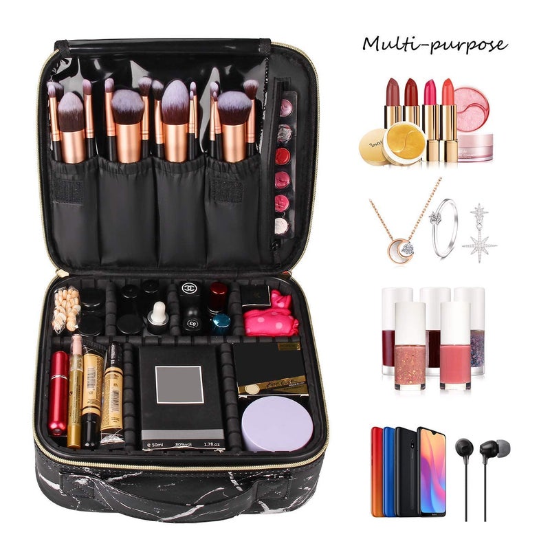 CREDSY Professional Cosmetic Bag Zippered Makeup Bag Organizer with Adjustable Compartment for Brushes Toiletries Nylon Vanity Bag Toiletry Bag for Home  Travel 26l x 23b x 9h cm Black Marble - Image 5