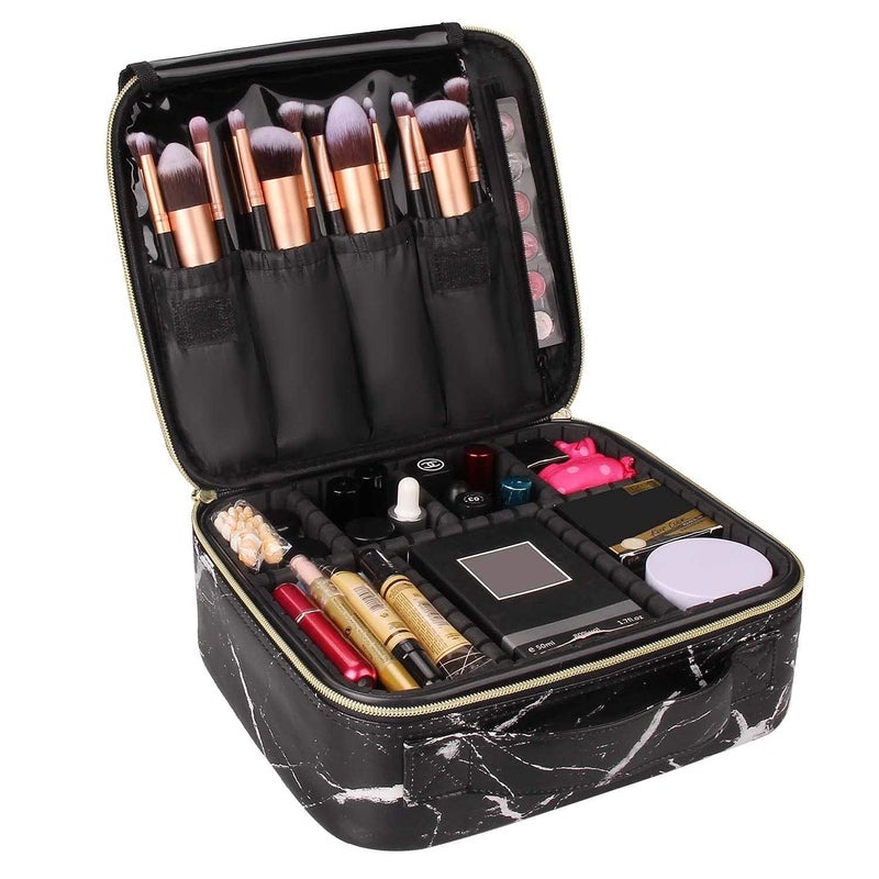CREDSY Professional Cosmetic Bag Zippered Makeup Bag Organizer with Adjustable Compartment for Brushes Toiletries Nylon Vanity Bag Toiletry Bag for Home  Travel 26l x 23b x 9h cm Black Marble - Image 2