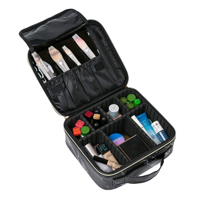 CREDSY Professional Cosmetic Bag Zippered Makeup Bag Organizer with Adjustable Compartment for Brushes Toiletries Nylon Vanity Bag Toiletry Bag for Home  Travel 26l x 23b x 9h cm Black Marble - Image 3