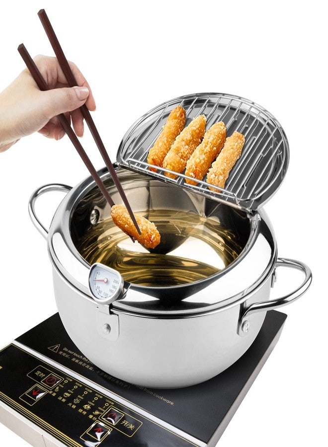 Kerilyn Deep Fryer Pot, 11 Inch/4.2 L Janpanese Style Tempura Frying Pot with Lid, 304 Stainless Steel with Temperature Control and Oil Drip Drainer Rack, for Kitchen French Fries, Chicken etc - Image 1