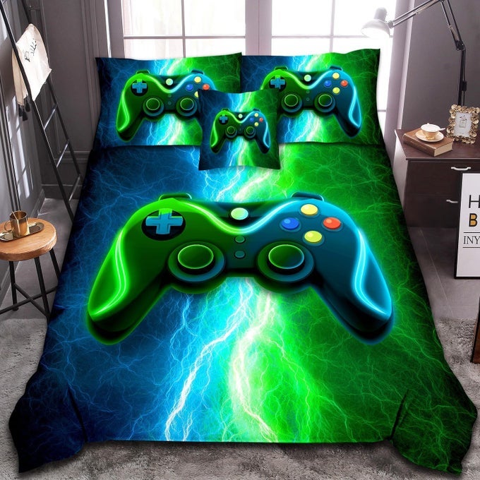 6 PCS GAMER FULL BEDDING SET FOR BOYS BLUE GREEN LIGHTNINGS BED IN A BAG FULL SIZE GAMING COMFORTTER SET WITH SHEETS FOR BOYS