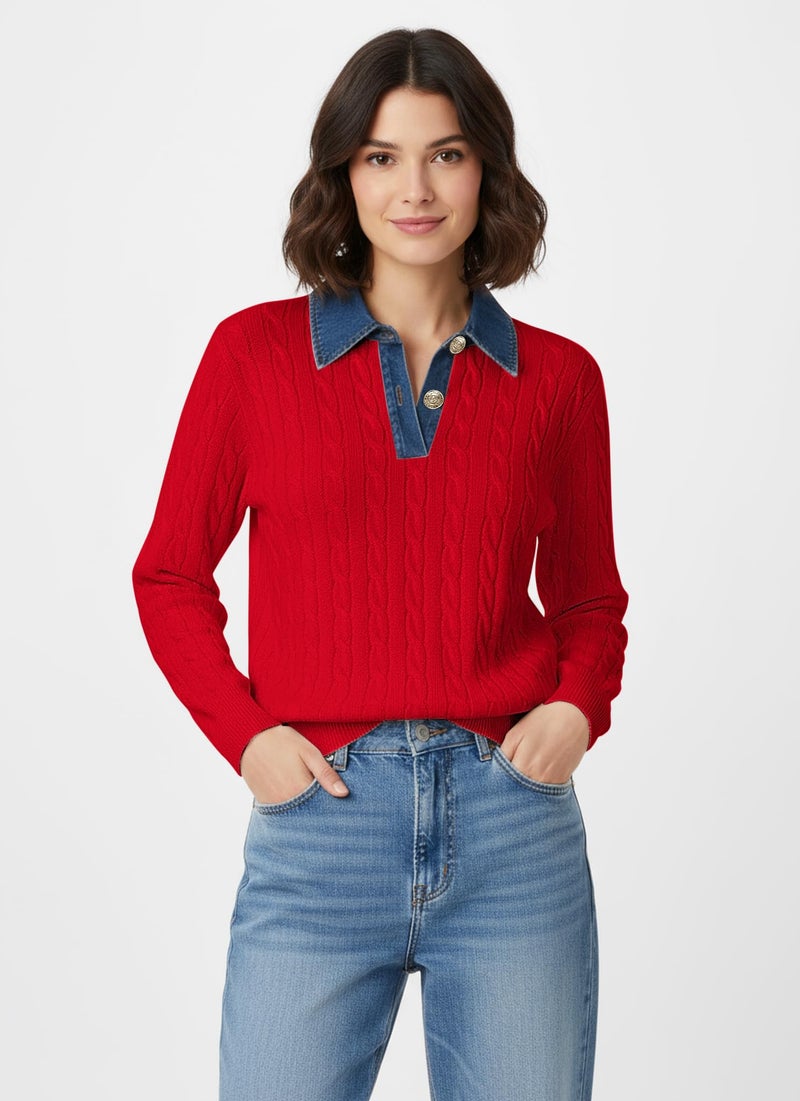 SAUKOLE Pullover Sweater for Women Denim Lapel V Neck Buttons Closure Cable Knitted Tops Loose Dressy Casual Sweaters - Image 3