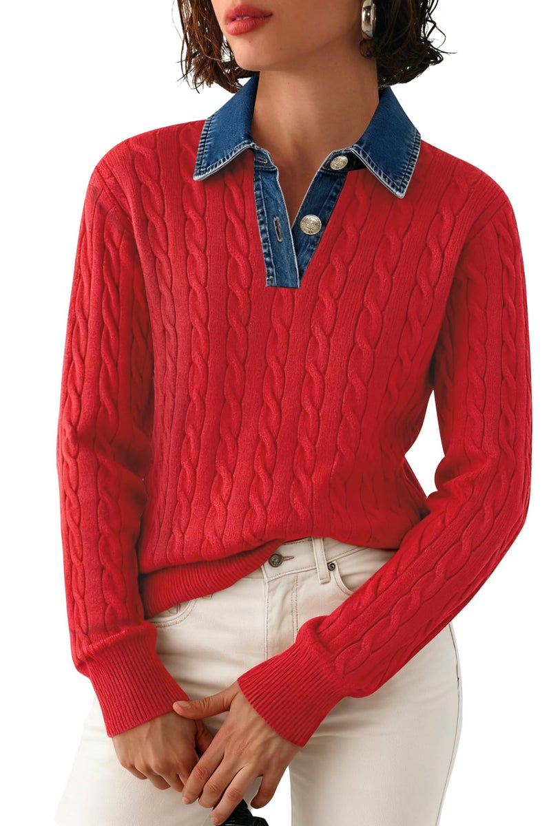SAUKOLE Pullover Sweater for Women Denim Lapel V Neck Buttons Closure Cable Knitted Tops Loose Dressy Casual Sweaters - Image 1