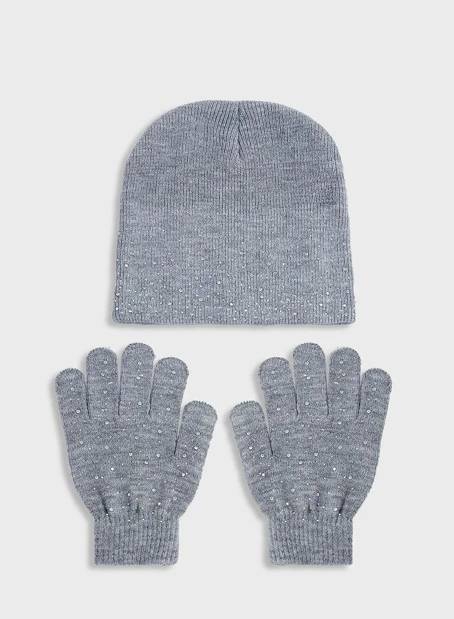 ELLA Diamante Winter Beanie  & Glove Set