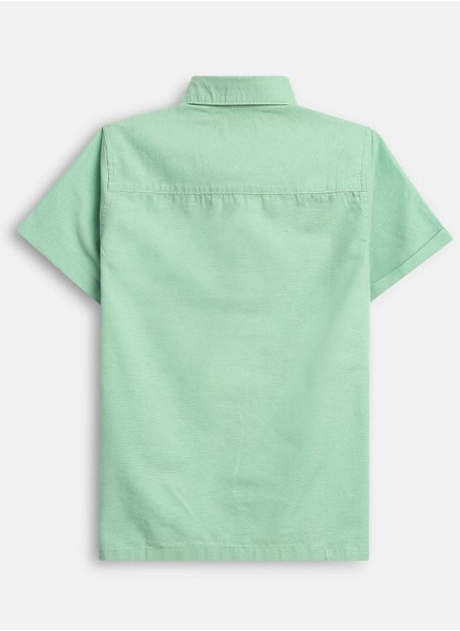 Bonkids - Boy's shirts in regular fit sea green colour cotton fabric embellished pattern pull over closure woven weave type round collar type round neckline half sleeve length button down upper body wear type suitable for casual occasions – embrace the latest in chic design! - Image 1