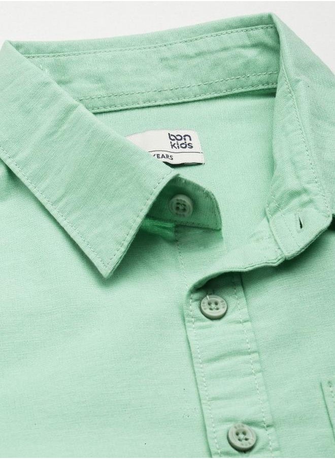 Bonkids - Boy's shirts in regular fit sea green colour cotton fabric embellished pattern pull over closure woven weave type round collar type round neckline half sleeve length button down upper body wear type suitable for casual occasions – embrace the latest in chic design! - Image 1