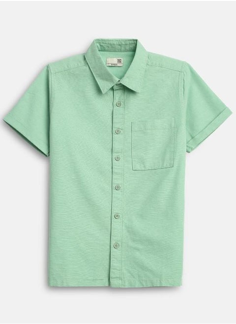Boy's shirts in regular fit sea green colour cotton fabric embellished pattern pull over closure woven weave type round collar type round neckline half sleeve length button down upper body wear type suitable for casual occasions – embrace the latest in chic design!
