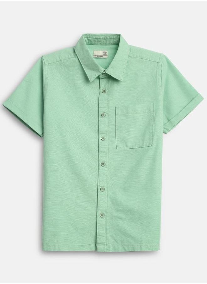 Bonkids - Boy's shirts in regular fit sea green colour cotton fabric embellished pattern pull over closure woven weave type round collar type round neckline half sleeve length button down upper body wear type suitable for casual occasions – embrace the latest in chic design! - Image 1