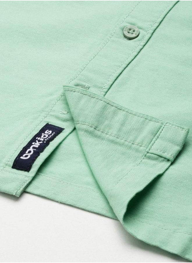 Bonkids - Boy's shirts in regular fit sea green colour cotton fabric embellished pattern pull over closure woven weave type round collar type round neckline half sleeve length button down upper body wear type suitable for casual occasions – embrace the latest in chic design! - Image 1