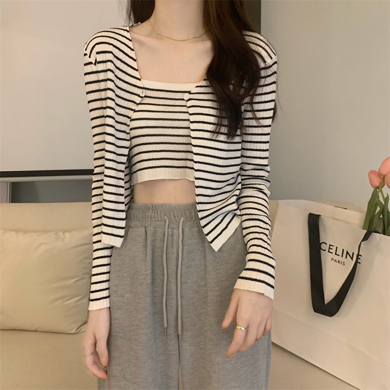 2023 Summer Chic Knit Stripe Jumpsuit and Cardigan Set Purple  - Image 4