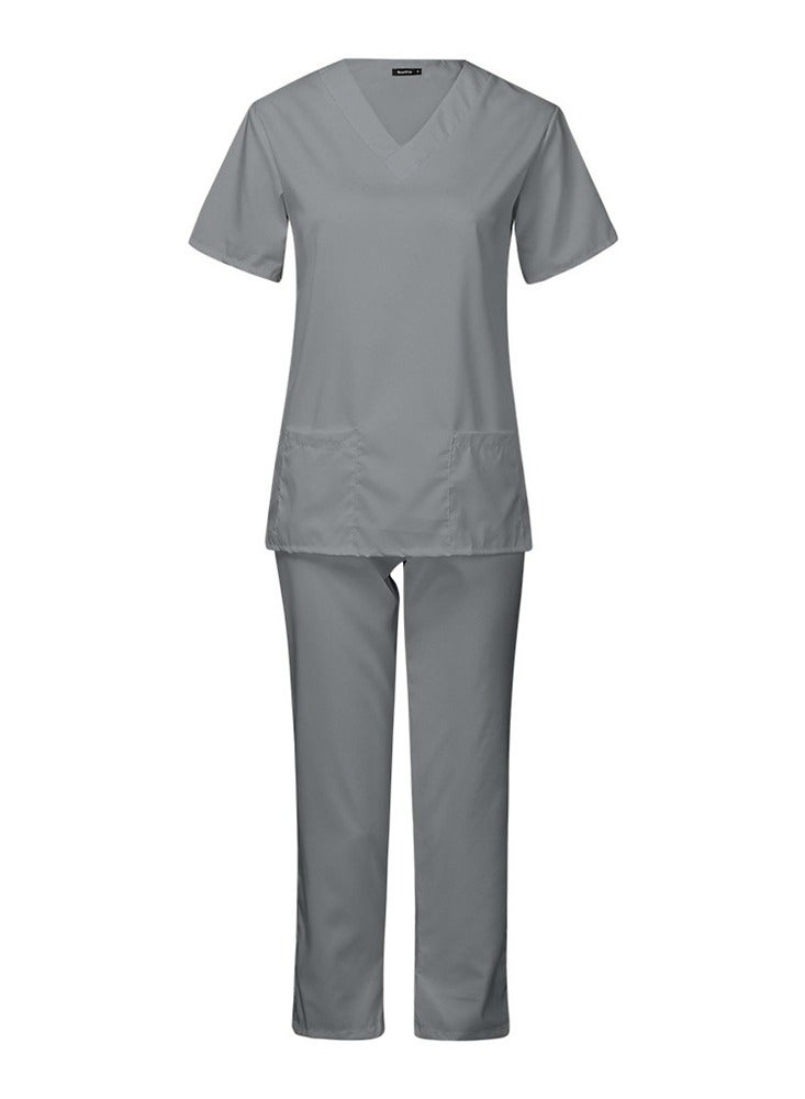 Loquat Medical Uniform Scrubs Set Fast Dry V-Neck Top and Loose Pants Suit Grey - Image 1
